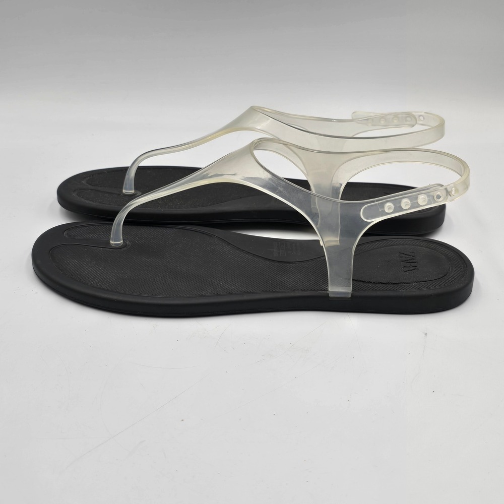 Zara Sandals Womens 38 Jelly T-Strap Black Clear EUC Summer Beach Comfort - Picture 2 of 9